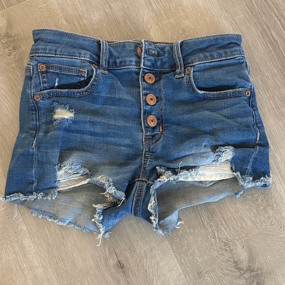 American Eagle Outfitters Distressed Dark Blue Button-Fly Denim Shorts